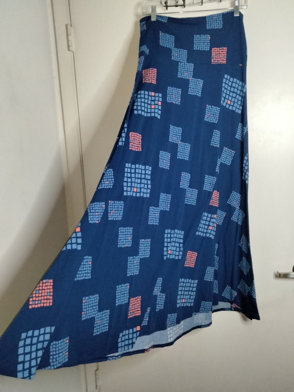 LuLaRoe (Size M) Blue High Waist Light Blue & Coral Geometric Blocks Maxi Skirt